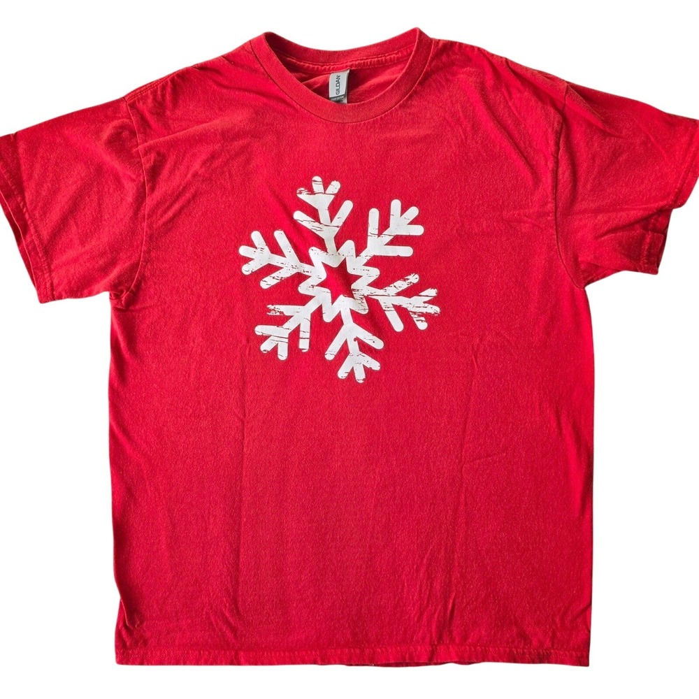 Gildan Mens Size L Red Snowflake Graphic T-Shirt Holiday‎ Christmas Winter